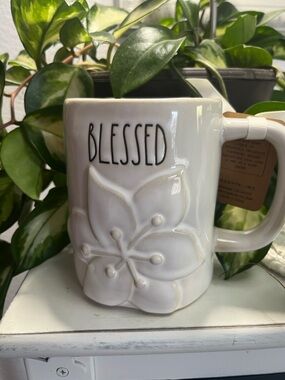 Rae Dunn White 'BLESSED' Floral Ceramic Mug